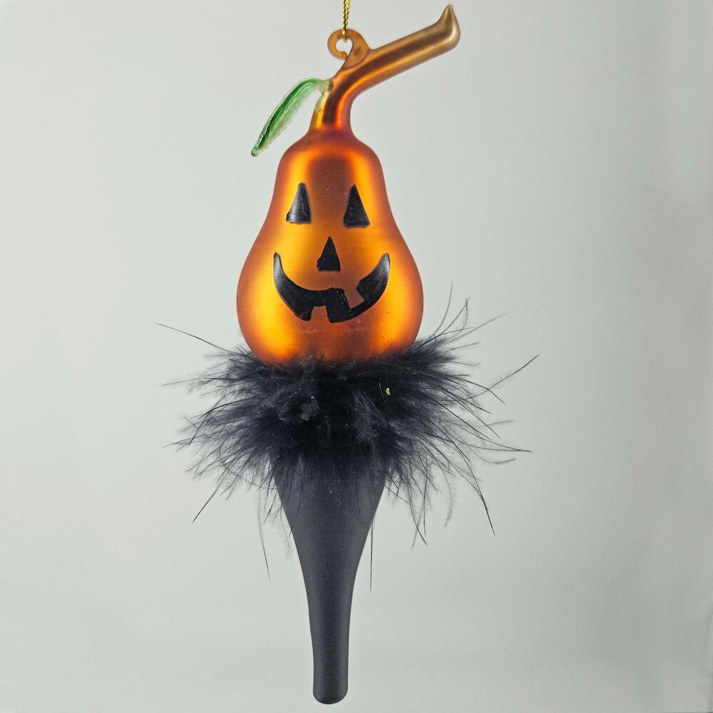 Halloween Jack o Lantern Glass Ornaments Black Feather Pumpkin Gourd Decor